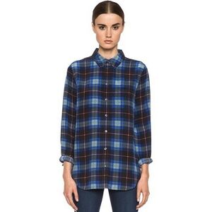 New Equipment Femme Navy Tartan Plaid Reese 100% Silk Blouse Button-up Top Large